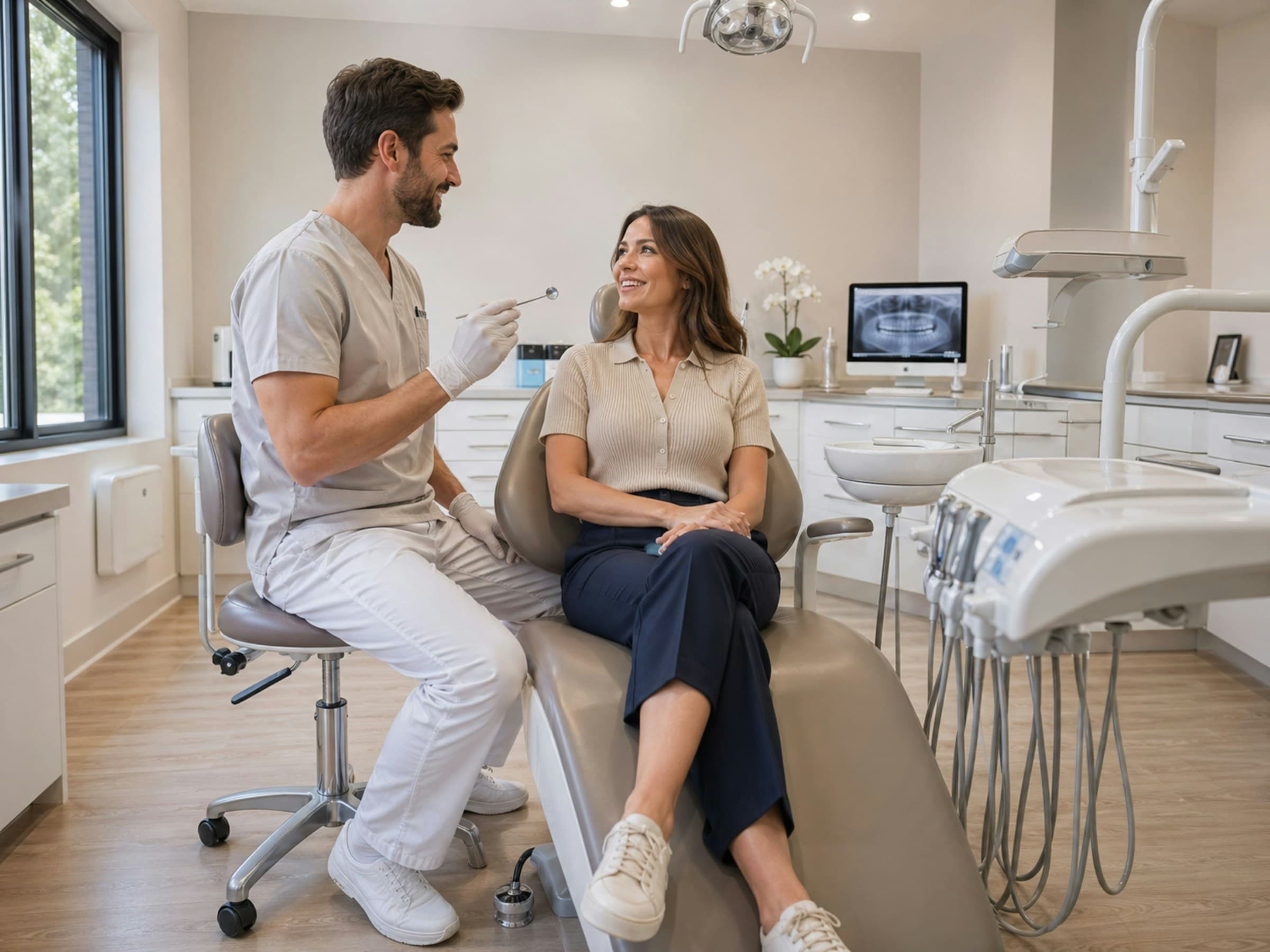 Paciente sonriendo durante una consulta en una clínica dental moderna
